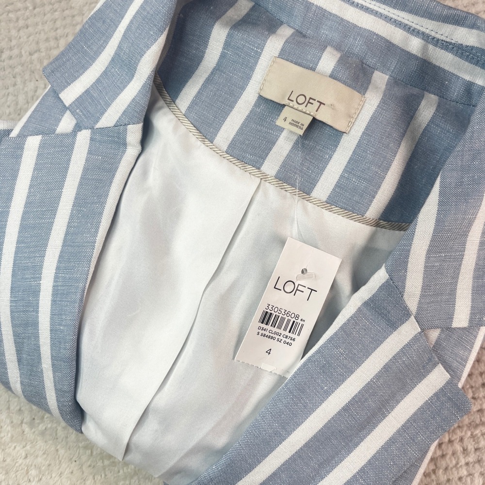LOFT Striped Linen Blend Blazer Blue White Single Button Jacket Size 4 NWT